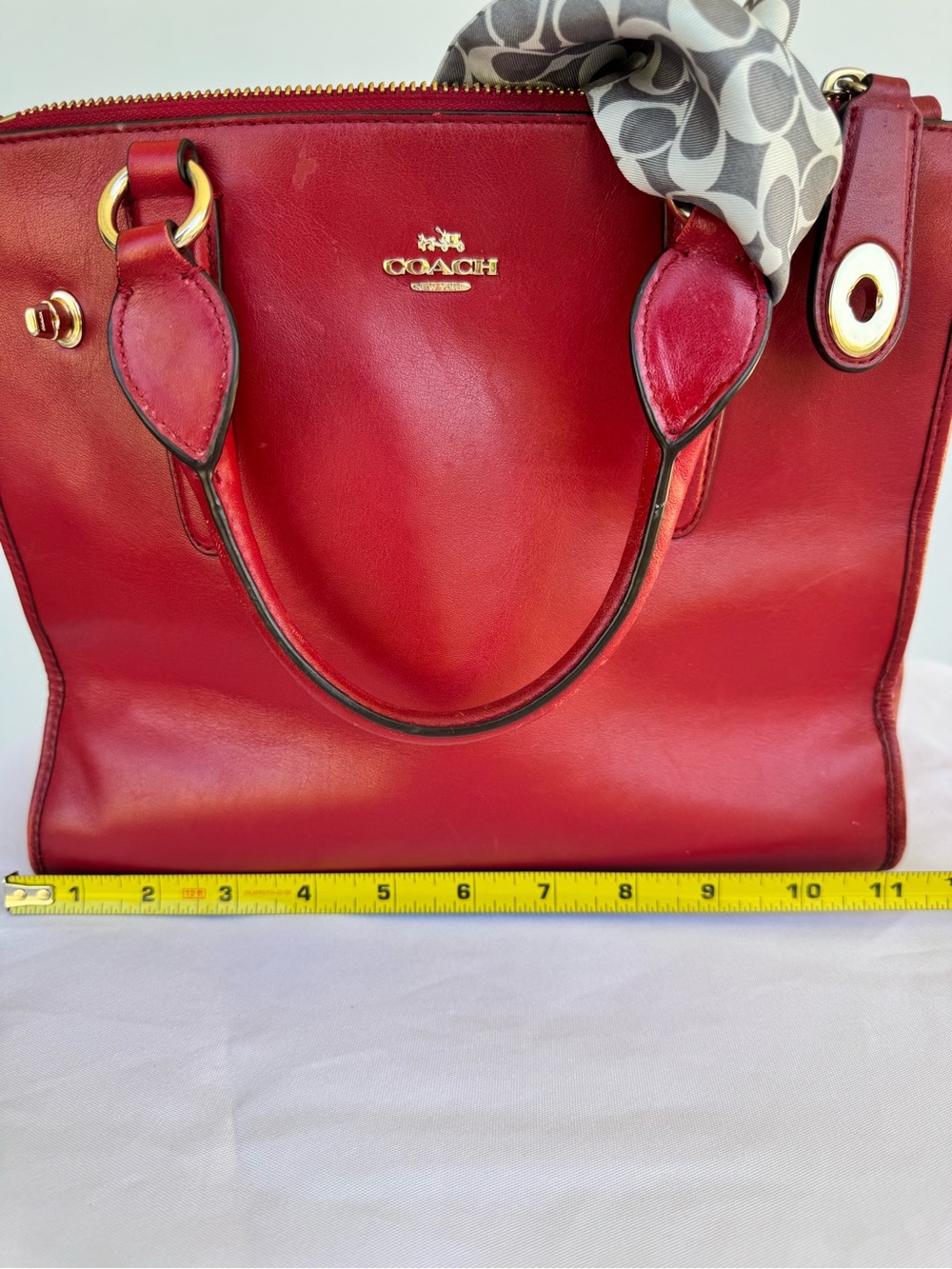 Coach Red Leather Tote with Signature Scarf and Gold Hardware - Picture 13 of 16